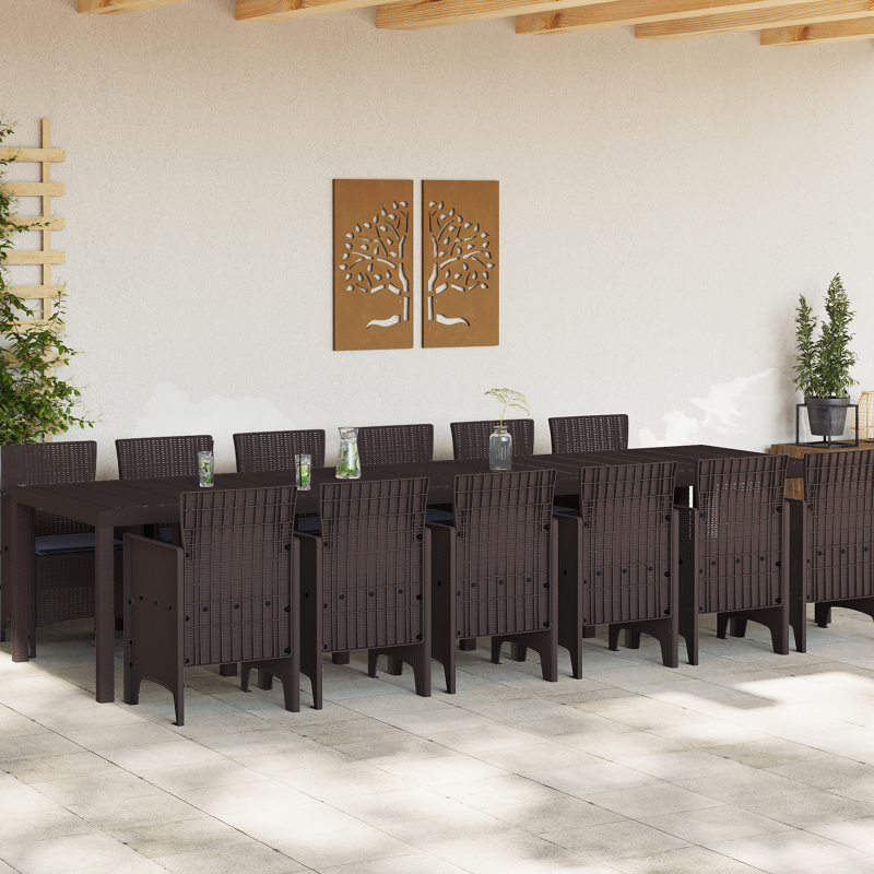 13-teiliges Garten-Essset mit Kissen aus braunem Poly-Rattan