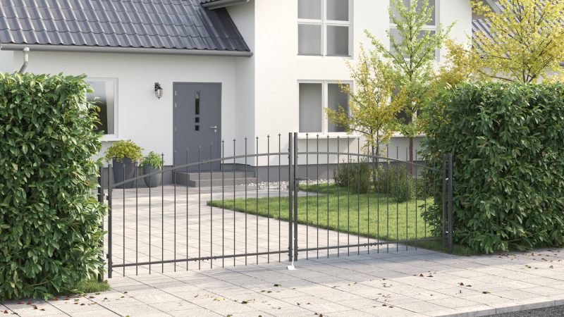 Gartentor mit Spear Top Doppelt schwenkbar Grau 100x400 cm Stahl