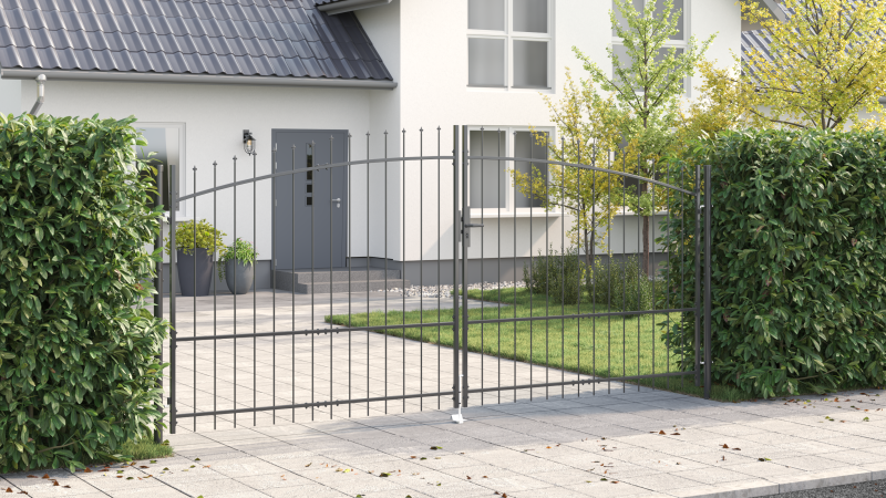Gartentor mit Spear Top Doppelt schwenkbar Grau 175x400 cm Stahl