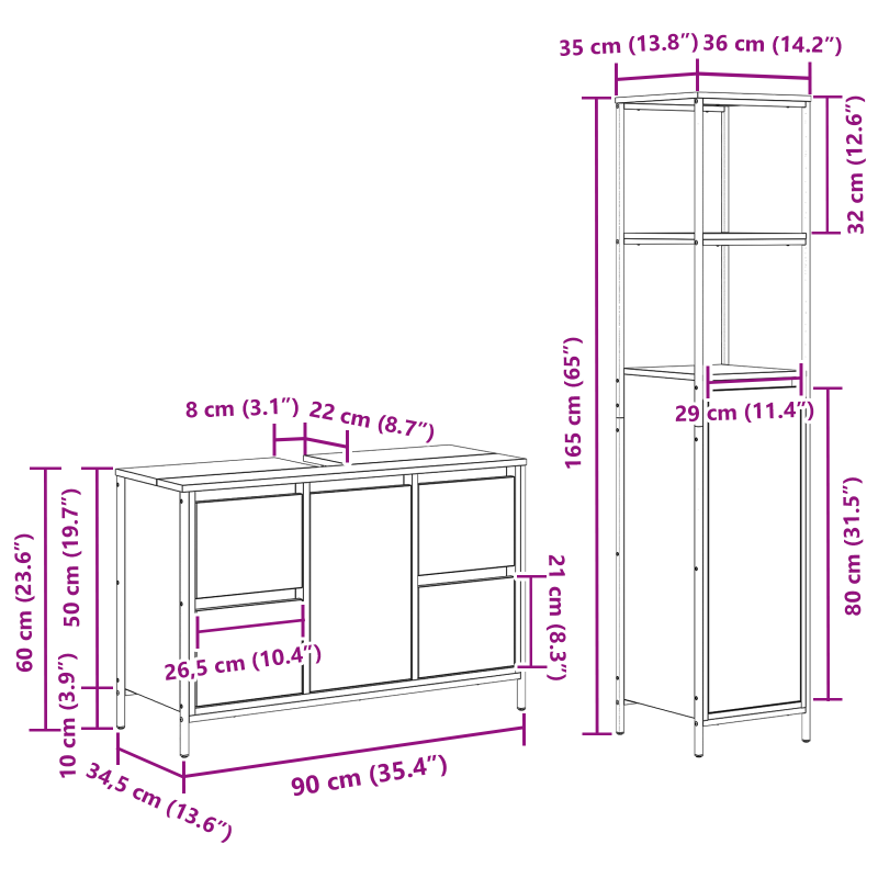 2-teiliges Badezimmermöbel-Set aus geräucherter Eiche und Holzwerkstoff