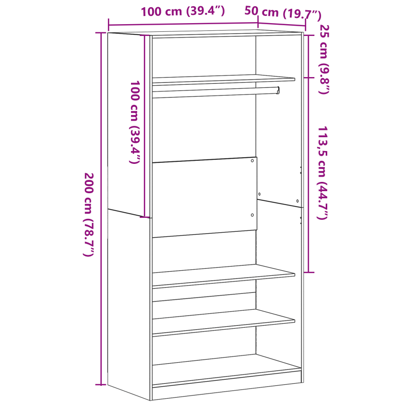 Kleiderschrank in Schwarz mit Eiche 100x50x200 cm aus Holzwerkstoff