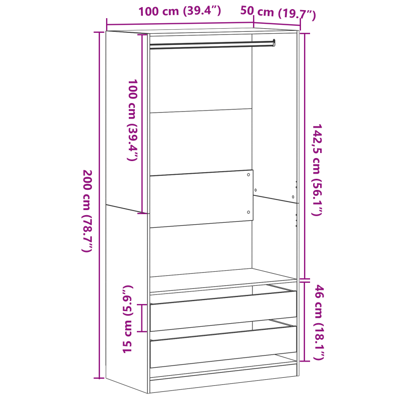 Kleiderschrank in Schwarz und Eiche, 100x50x200 cm, aus Holzwerkstoff