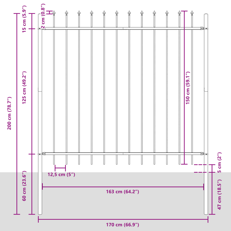 Gartenzaun mit Speerspitze Grau 8,5x1,5 m Stahl