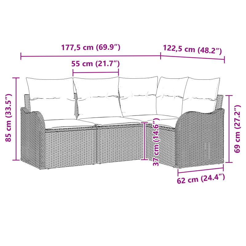 4-teiliges Garten Sofa Set mit Kissen Beige Poly Rattan