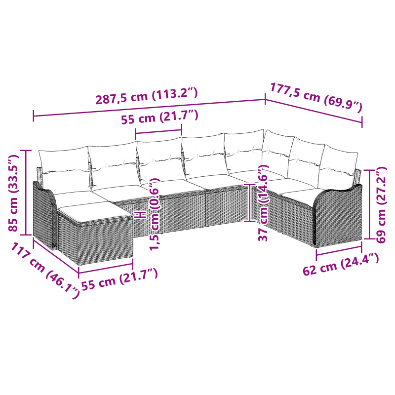 9 teiliges Garten Sofa Set mit Kissen Braun Poly Rattan