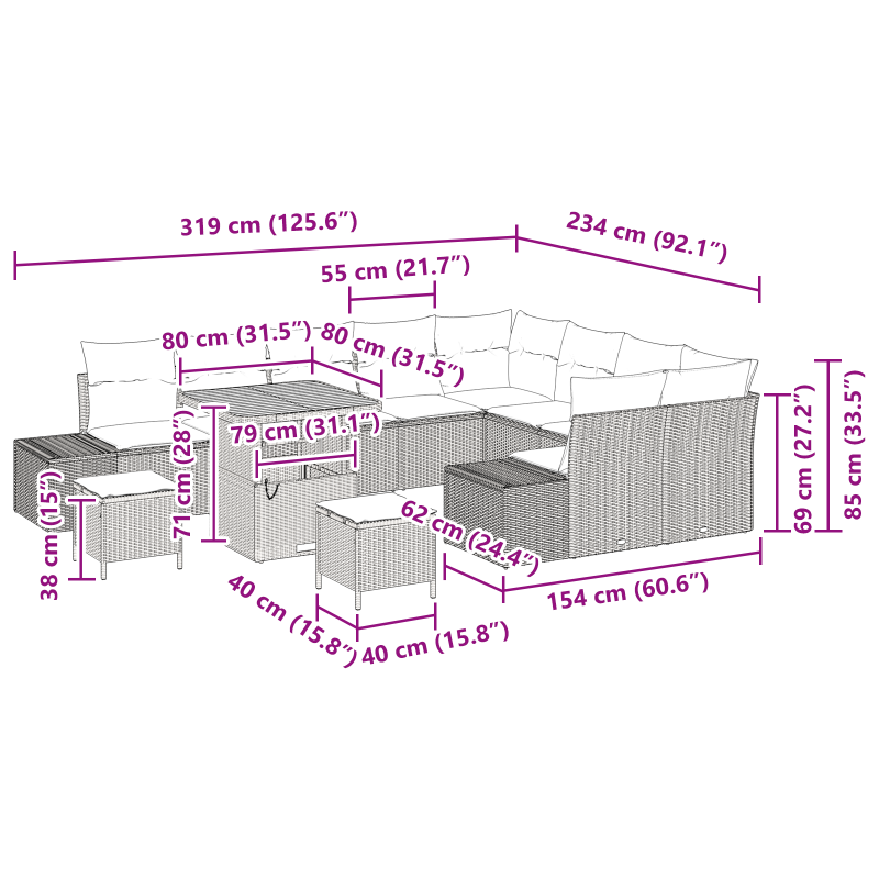 12-teiliges Garten Sofa Set mit Kissen Schwarz Poly Rattan Akazie