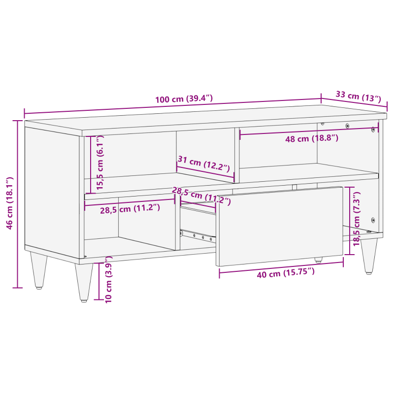 TV-Schrank 100x33x46 cm aus massivem Mangoholz