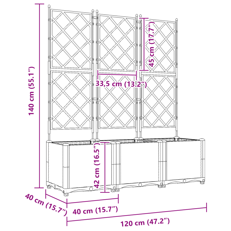 Gartenpflanzer mit Rankgitter 3 Stück Grau 120x40x143 cm
