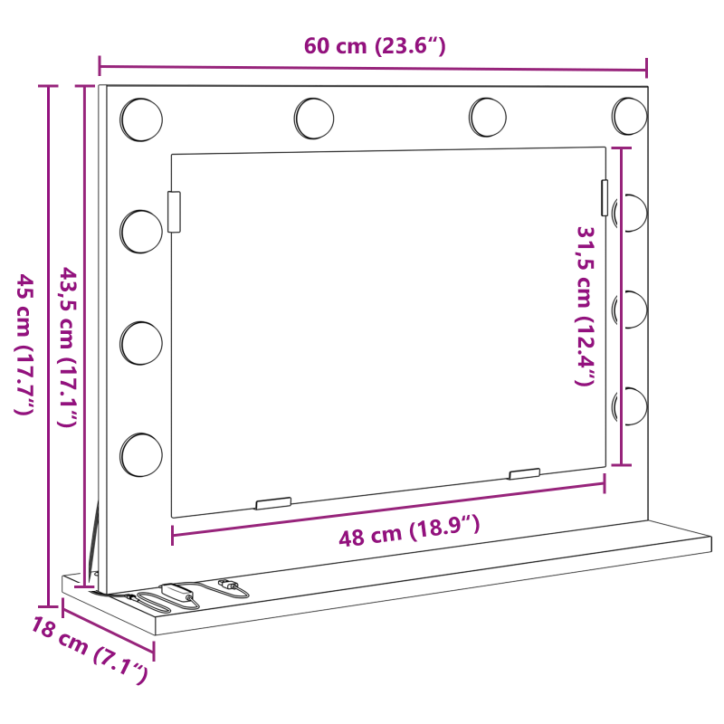 Kosmetikspiegel mit LED-Lichtern Schwarz Eichenholz 60x45x18 cm