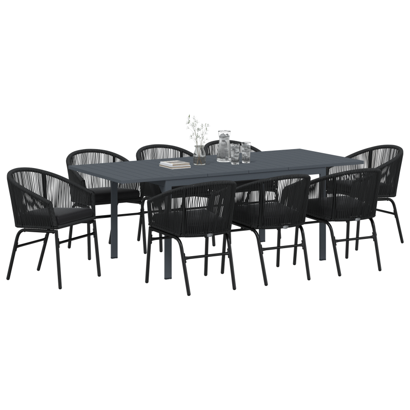 10-teiliges Garten-Essset mit Kissen aus schwarzem Poly-Rattan, Ausziehbarer Gartentisch Anthrazit (140-210)x90x73 cm aus Stahl