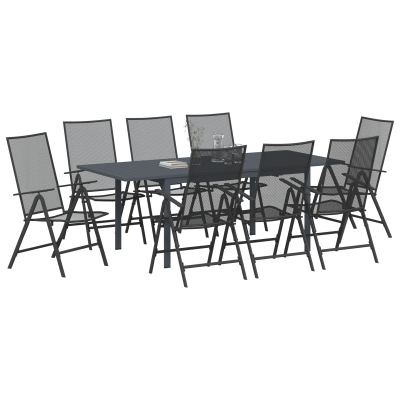 9-teiliges Flurmöbel Set in Anthrazitstahl, Ausziehbarer Gartentisch in Anthrazit (140-210)x90x73 cm aus Stahl