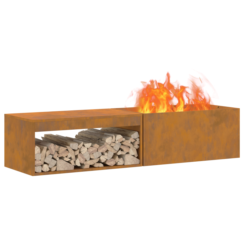 Feuerstelle mit Holzlager 160x45x35 cm Wetterfester Stahl