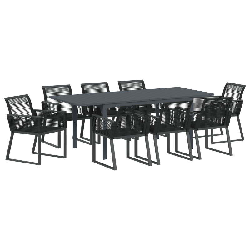9-teiliges Garten Esszimmer Set Schwarz Poly Rattan, Erweiterbarer Gartentisch Anthrazit (140-210)x90x73 cm Stahl