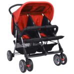 Zwillingskinderwagen Stahl Rot und Schwarz – Bild 3