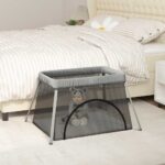 Laufstall mit Matratze Hellgrau Leinenstoff