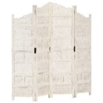 4tlg. Raumteiler Handgeschnitzt Weiss 160×165cm Mango Massivholz