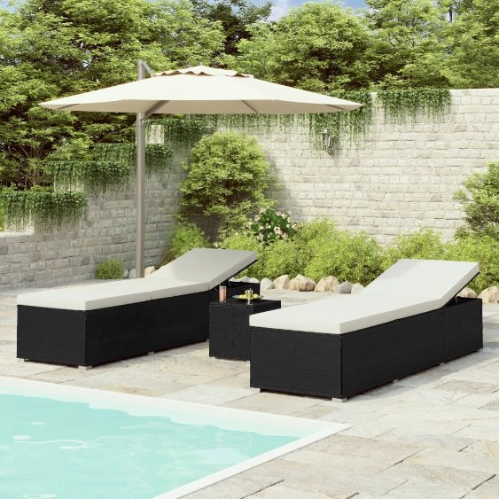3057662_1.jpg 3-tlg. Garten-Sonnenliegen mit Teetisch Poly Rattan Schwarz – Bild 1