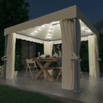 Pavillon mit Vorhängen & LED-Lichterkette 3x3 m Cremeweiss
