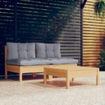 3-tlg. Garten-Lounge-Set mit Grauen Kissen Kiefernholz