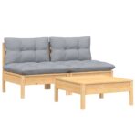 3-tlg. Garten-Lounge-Set mit Grauen Kissen Kiefernholz – Bild 3