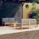 5-tlg. Garten-Lounge-Set mit Grauen Kissen Kiefernholz