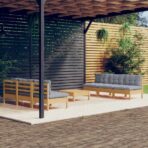 7-tlg. Garten-Lounge-Set mit Grauen Kissen Kiefernholz