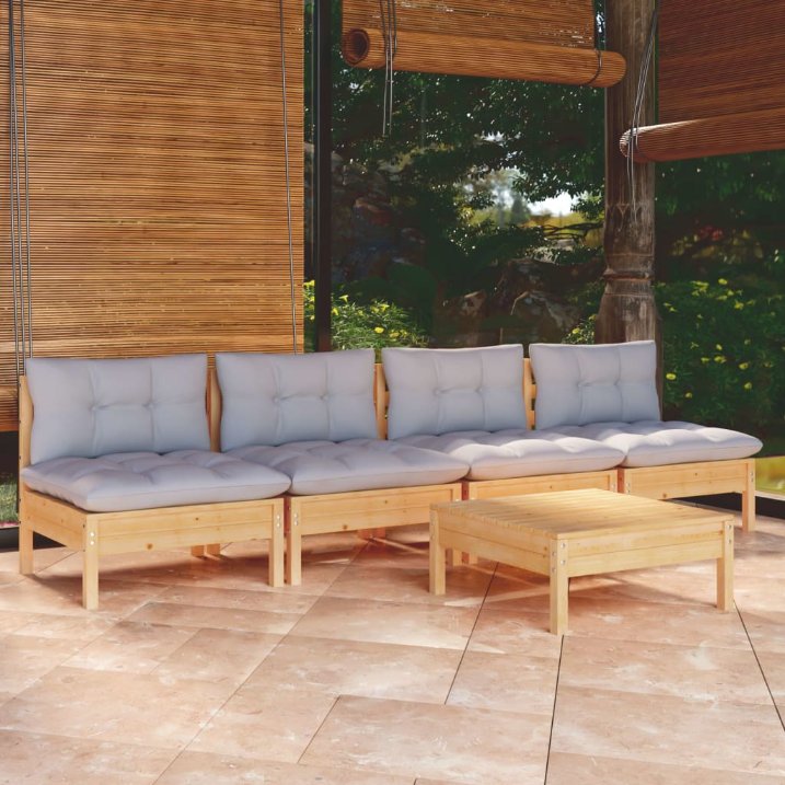 3096129_1.jpg 5-tlg. Garten-Lounge-Set mit Grauen Kissen Kiefernholz – Bild 1