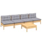 5-tlg. Garten-Lounge-Set mit Grauen Kissen Kiefernholz – Bild 3