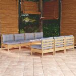 8-tlg. Garten-Lounge-Set mit Grauen Kissen Kiefernholz