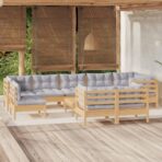 10-tlg. Garten-Lounge-Set mit Grauen Kissen Kiefer Massivholz
