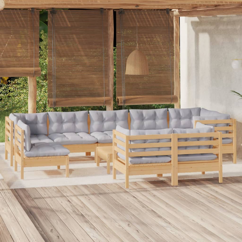 3096531_1.jpg 10-tlg. Garten-Lounge-Set mit Grauen Kissen Kiefer Massivholz – Bild 1