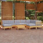 10-tlg. Garten-Lounge-Set mit Grauen Kissen Kiefer Massivholz