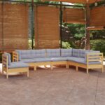 7-tlg. Garten-Lounge-Set mit Grauen Kissen Kiefer Massivholz