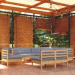 9-tlg. Garten-Lounge-Set mit Grauen Kissen Kiefer Massivholz
