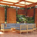 10-tlg. Garten-Lounge-Set mit Grauen Kissen Kiefer Massivholz