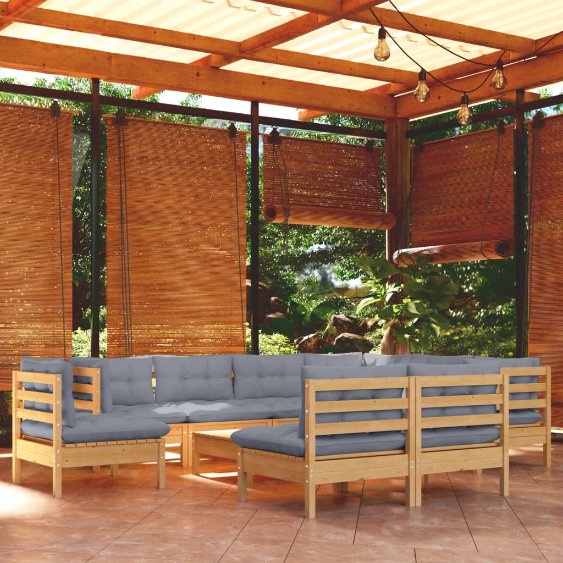 3096748_1.jpg 10-tlg. Garten-Lounge-Set mit Grauen Kissen Kiefer Massivholz – Bild 1
