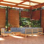 11-tlg. Garten-Lounge-Set mit Grauen Kissen Kiefer Massivholz