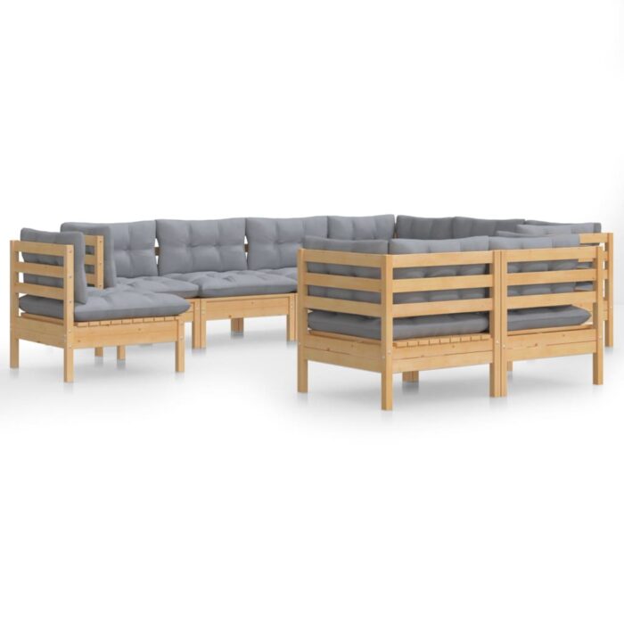 9-tlg. Garten-Lounge-Set mit Grauen Kissen Kiefer Massivholz – Bild 2