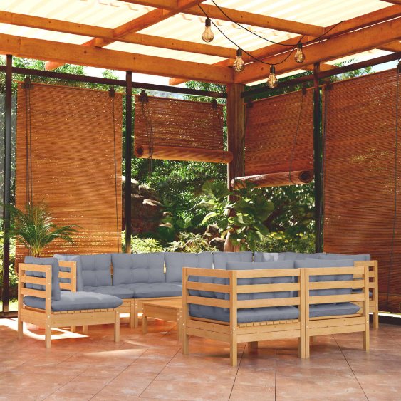 3096772_1.jpg 10-tlg. Garten-Lounge-Set mit Grauen Kissen Kiefer Massivholz – Bild 1