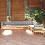 9-tlg. Garten-Lounge-Set mit Grauen Kissen Kiefer Massivholz