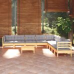 10-tlg. Garten-Lounge-Set mit Grauen Kissen Kiefer Massivholz