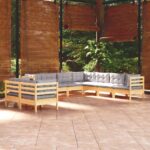 9-tlg. Garten-Lounge-Set mit Grauen Kissen Massivholz Kiefer