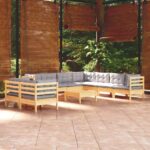 10-tlg. Garten-Lounge-Set mit Grauen Kissen Massivholz Kiefer
