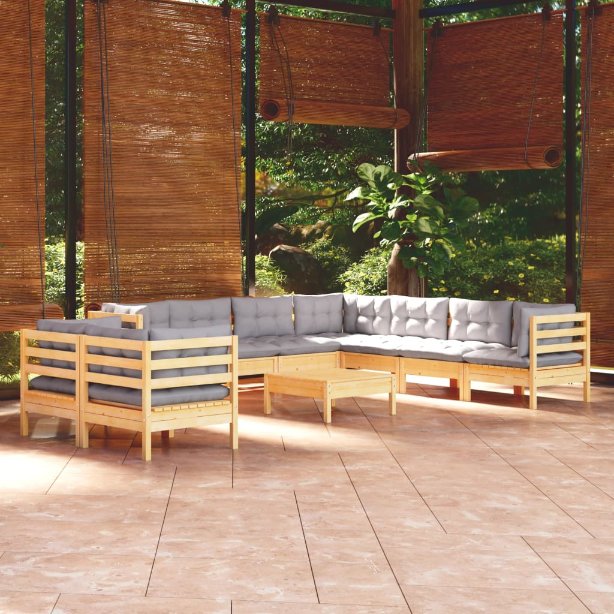 3096904_1.jpg 10-tlg. Garten-Lounge-Set mit Grauen Kissen Massivholz Kiefer – Bild 1