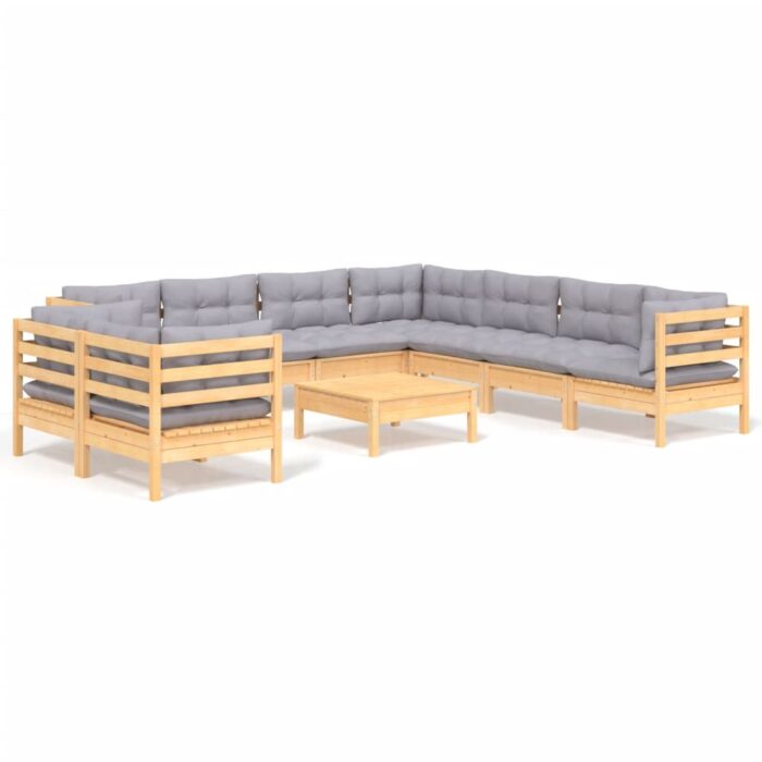 10-tlg. Garten-Lounge-Set mit Grauen Kissen Massivholz Kiefer – Bild 2