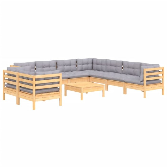 10-tlg. Garten-Lounge-Set mit Grauen Kissen Massivholz Kiefer – Bild 3