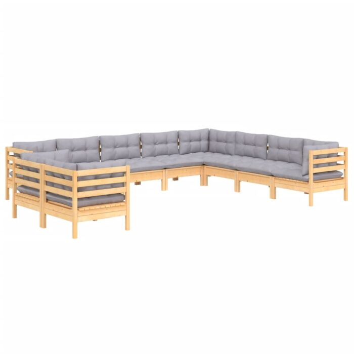 10-tlg. Garten-Lounge-Set mit Grauen Kissen Massivholz Kiefer – Bild 3