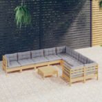10-tlg. Garten-Lounge-Set mit Grauen Kissen Kiefernholz