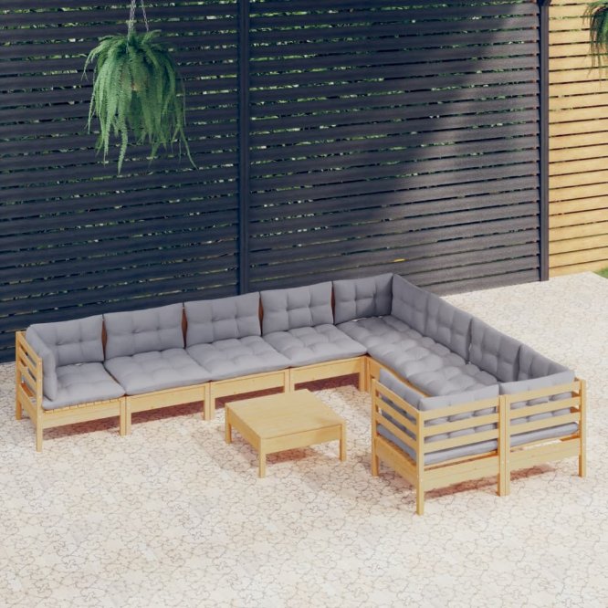 3096988_1.jpg 10-tlg. Garten-Lounge-Set mit Grauen Kissen Kiefernholz – Bild 1