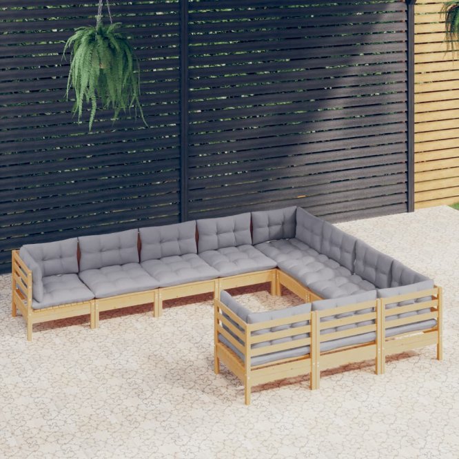 3096994_1.jpg 10-tlg. Garten-Lounge-Set mit Grauen Kissen Kiefernholz – Bild 1